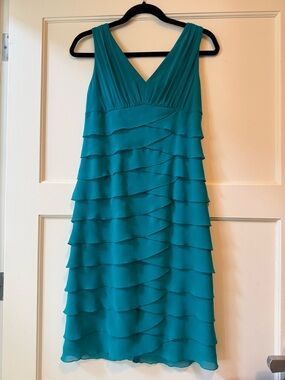 Jones New York Teal V-Neck Tiered Ruffle Midi Dress